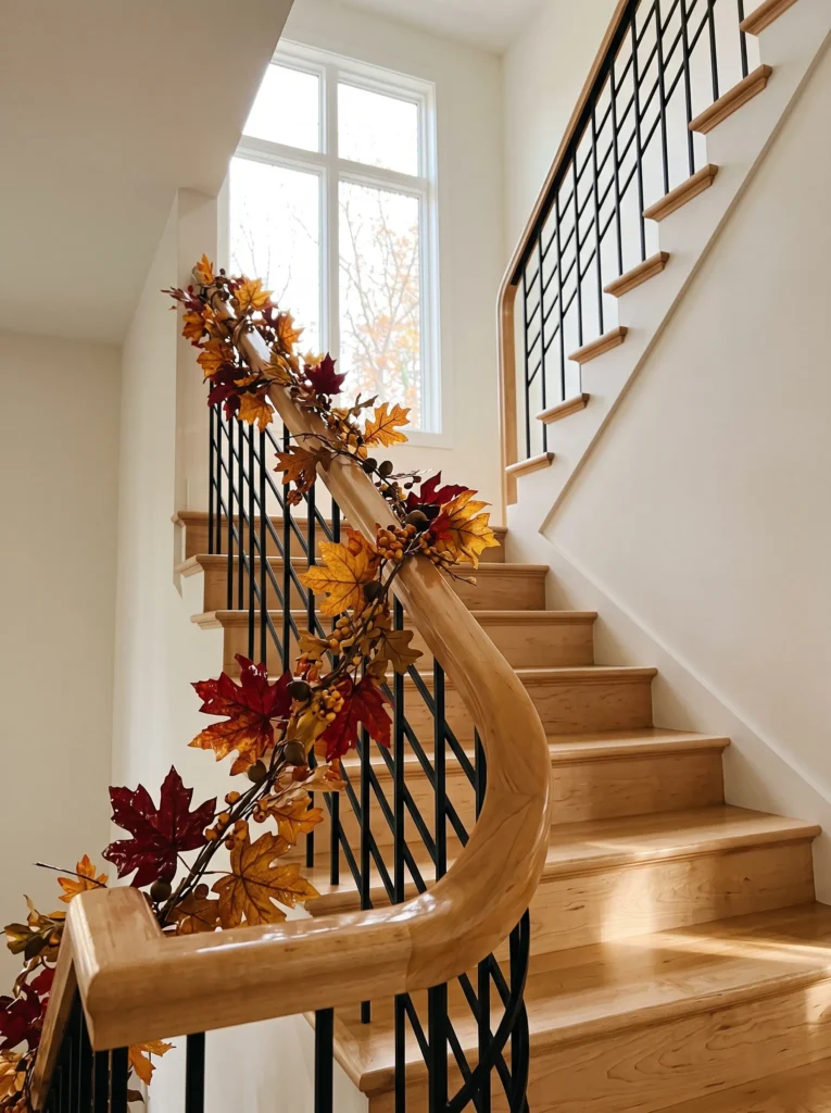 Wax-glossed maple and oak leaves arranged along a wooden staircase railing.