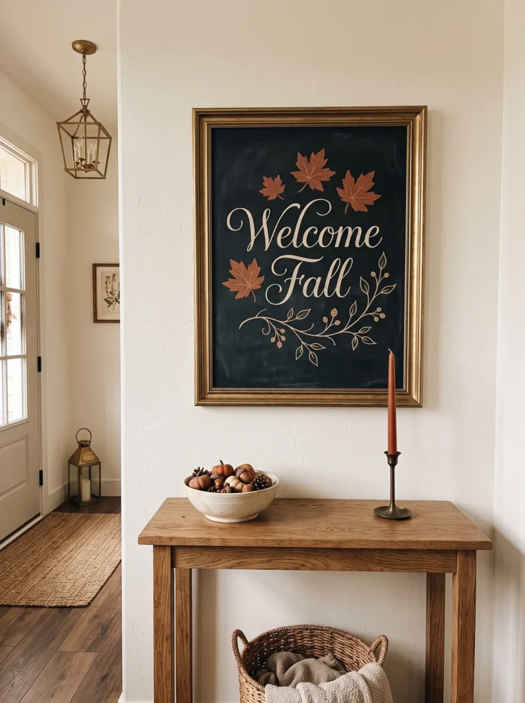 Elegant fall chalkboard in a foyer with ivory “Welcome Fall” lettering, clay-rust leaves, antique-gold frame, oak console, and cream ceramic accents.
