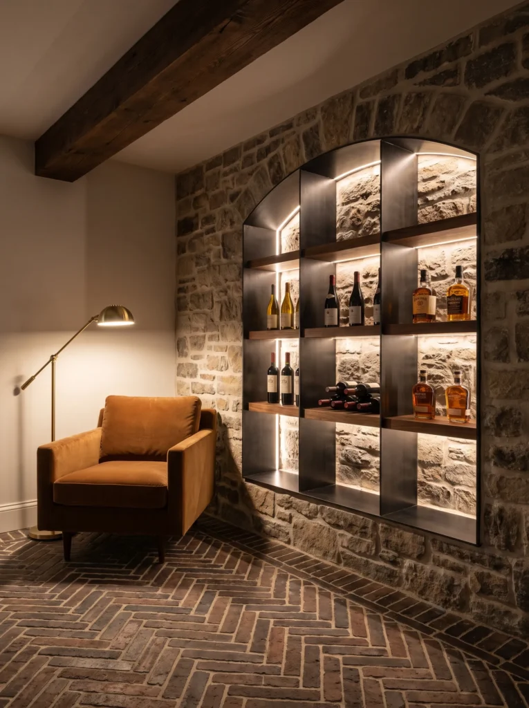 Whiskey cellar reading corner with stone niche and leather chair"