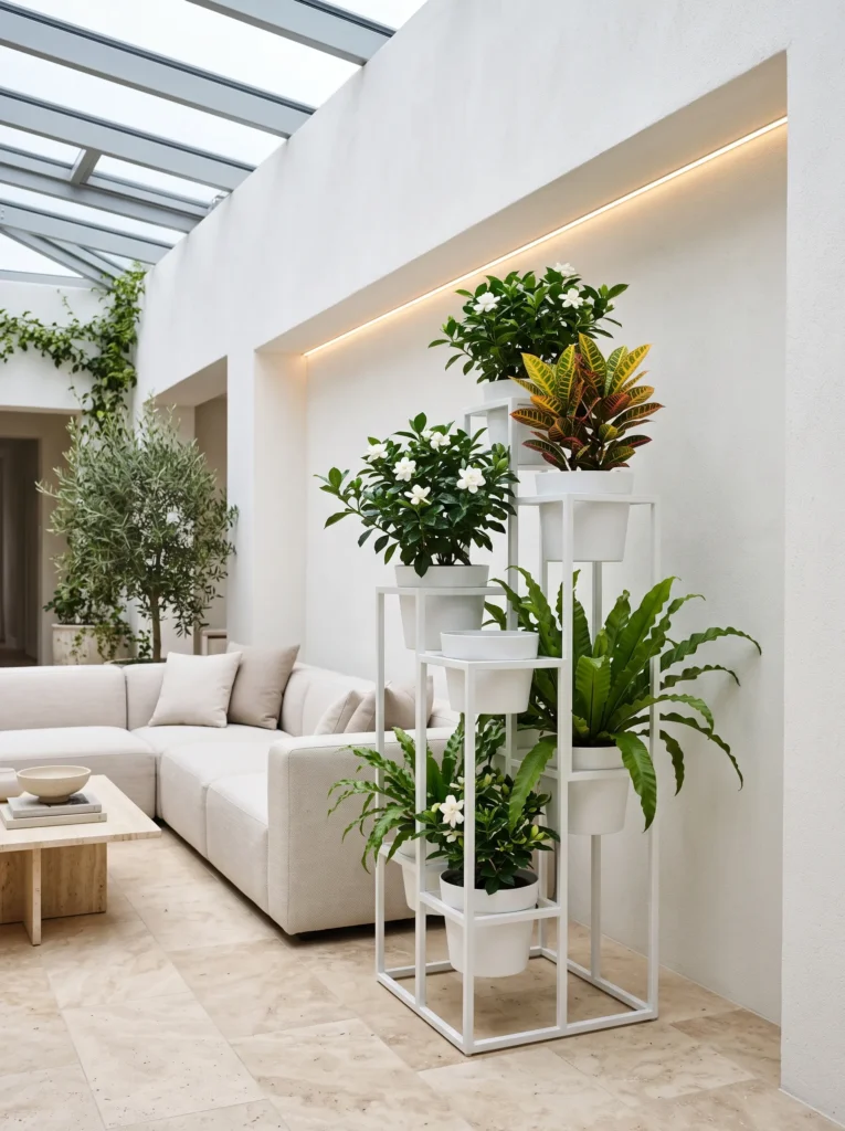 White steel atrium with gardenia and croton.