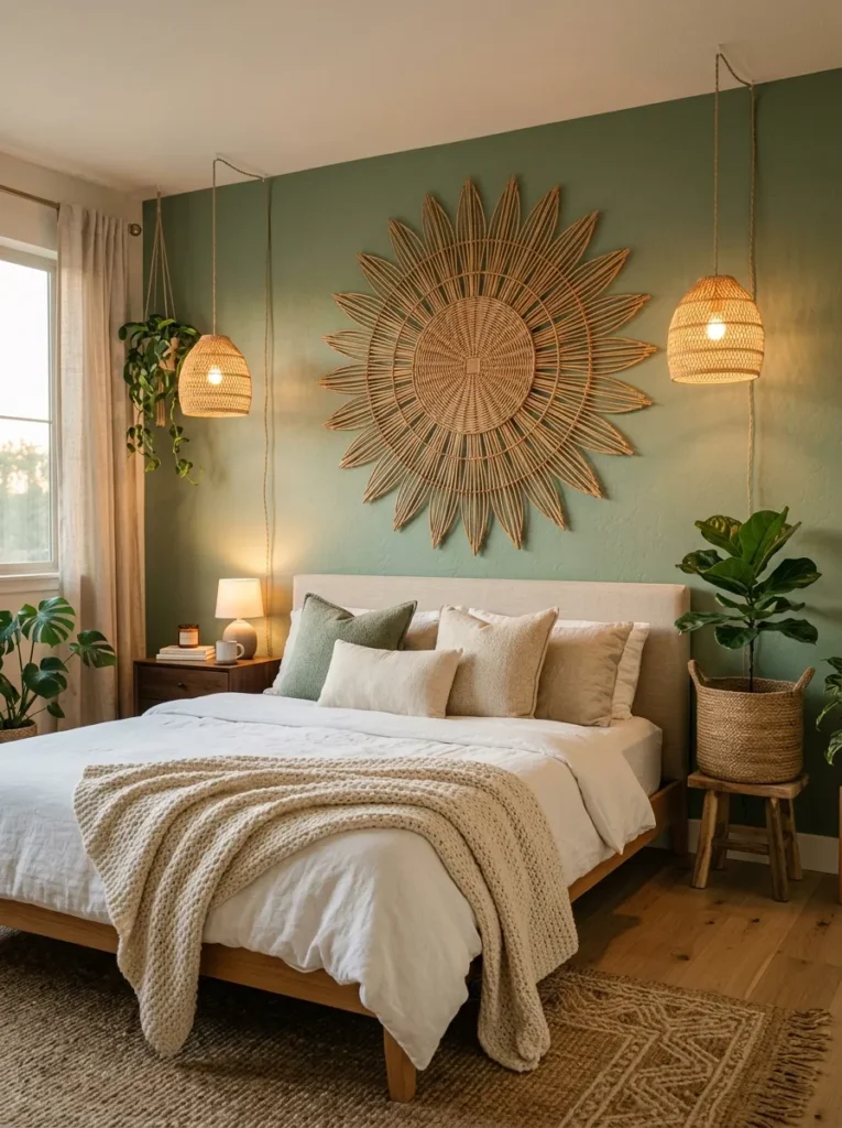  Oversized wicker wall hanging above a bed with sage wall, cream throw, and fiddle-leaf fig.