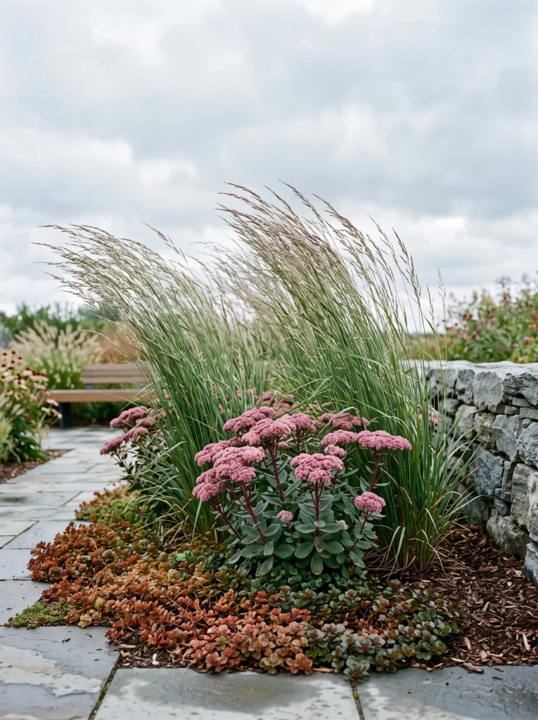 Wind-tolerant switchgrass and sedum in an exposed garden corner.