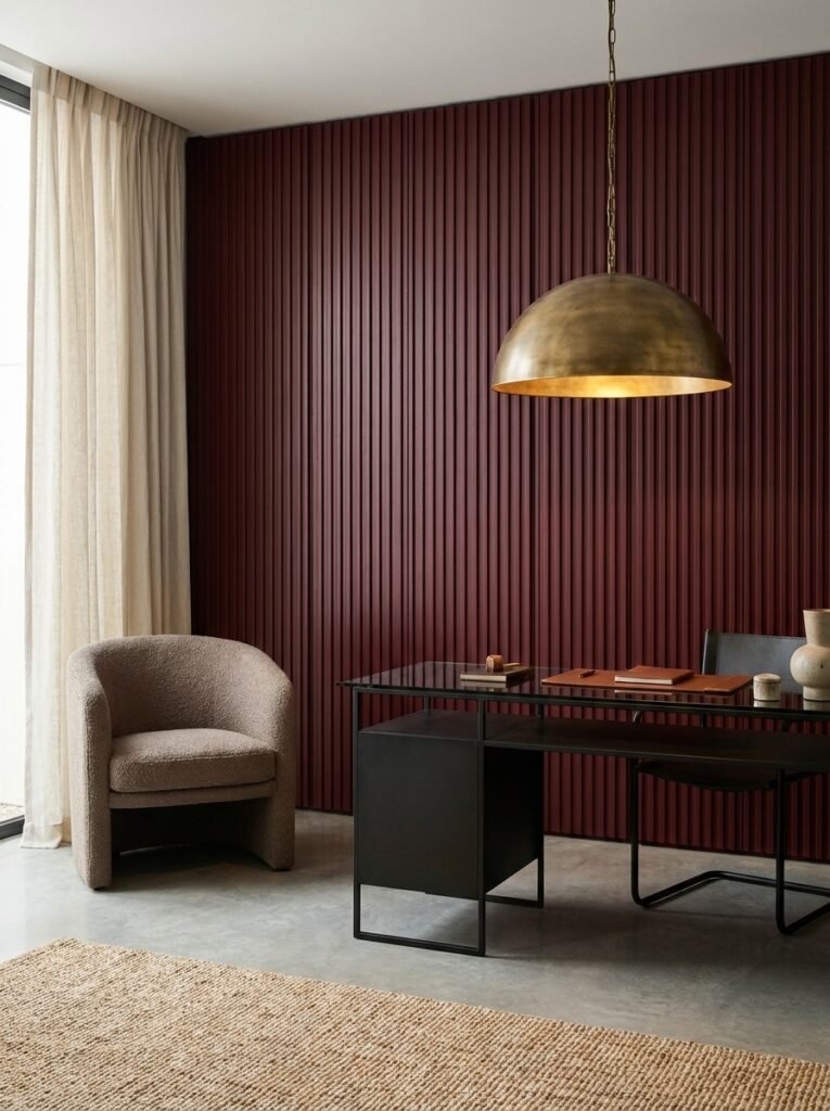 Floor-to-ceiling wine burgundy fluted paneling behind a black steel desk with a low brass pendant