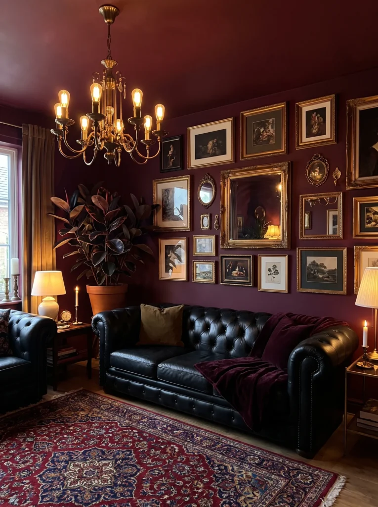 Wine red living room with vintage brass chandelier and dense eclectic gallery wall
