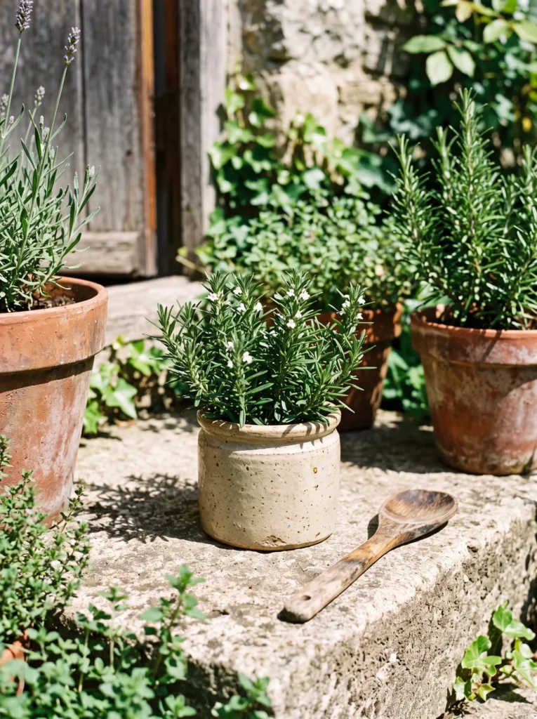 Fall herbs to grow in a rustic stoneware container, featuring winter savory among terracotta pots on a sunny garden step.
