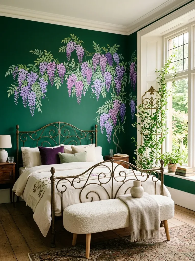 Wisteria mural behind an aged-bronze wrought iron bed frame