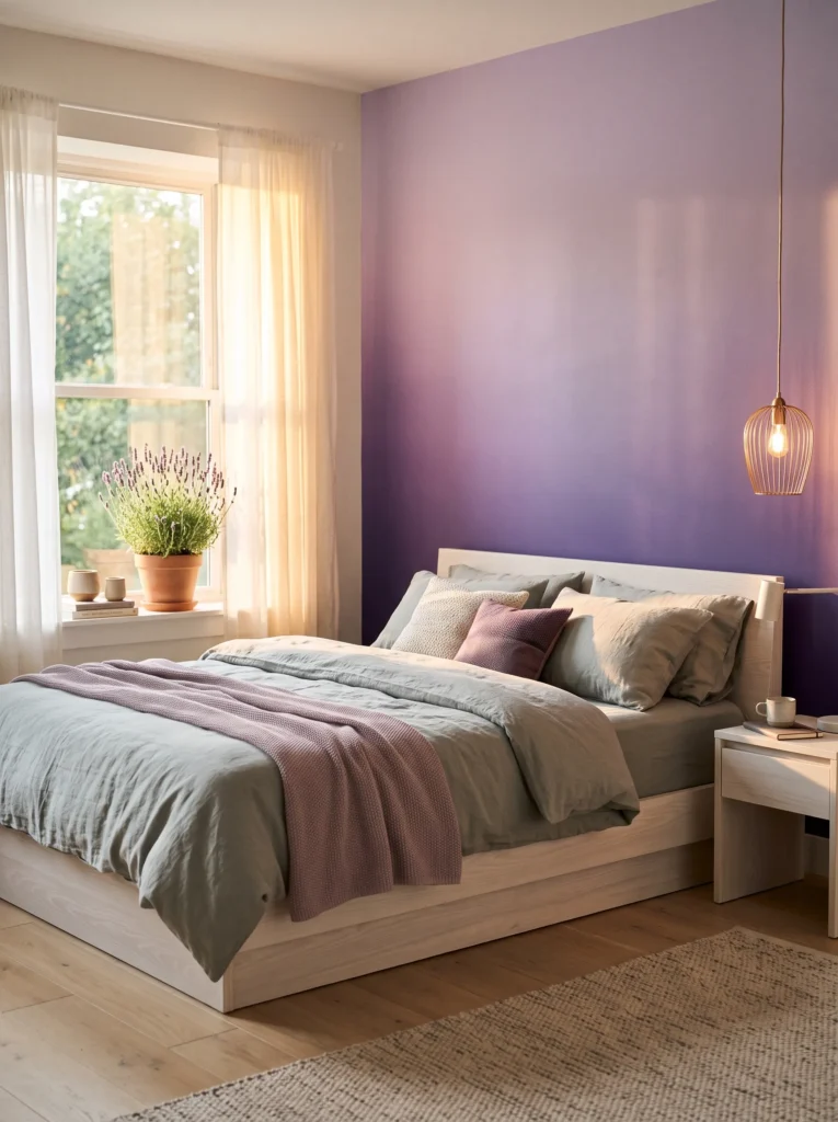 Wisteria ombre bedroom with sage-gray bedding, whitewashed wood, bronze lighting, and potted lavender.