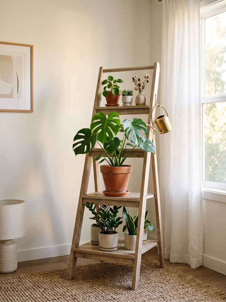 Whitewashed oak tiered indoor plant stand with a Monstera deliciosa in a living room corner