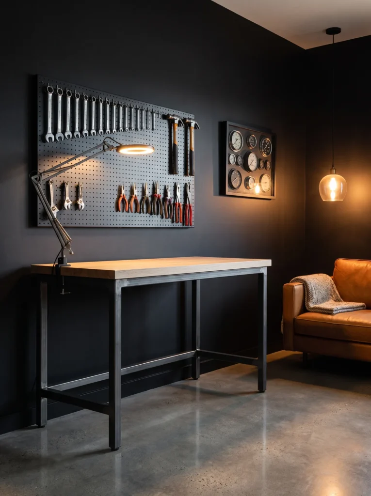 "Steel and oak workshop lounge with curated pegboard tool wall