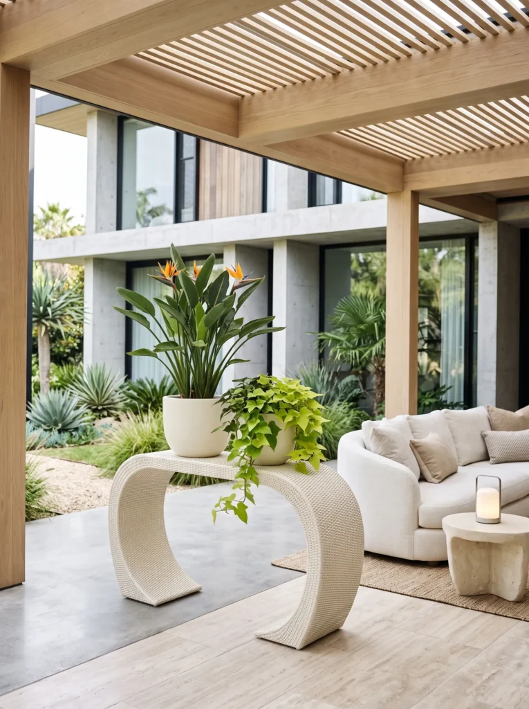 Woven rattan console with bird of paradise on patio.