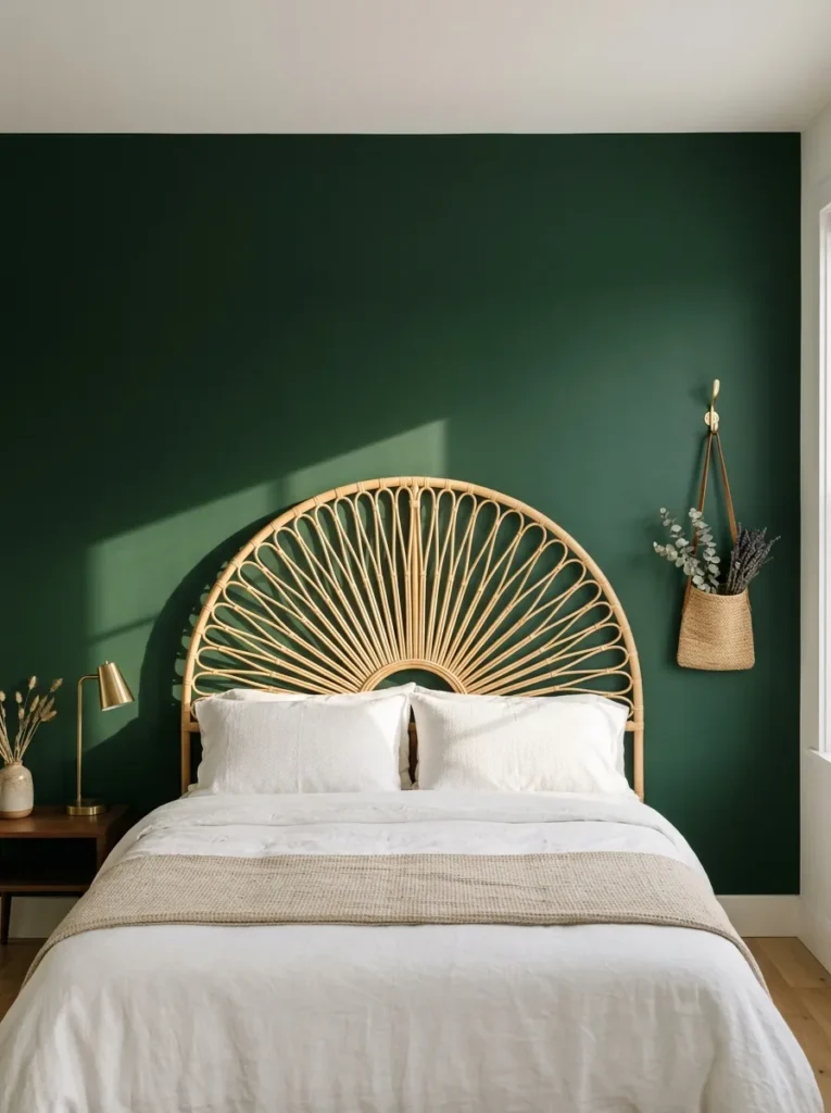Rattan sunburst DIY headboard with radiating strands against a deep green wall