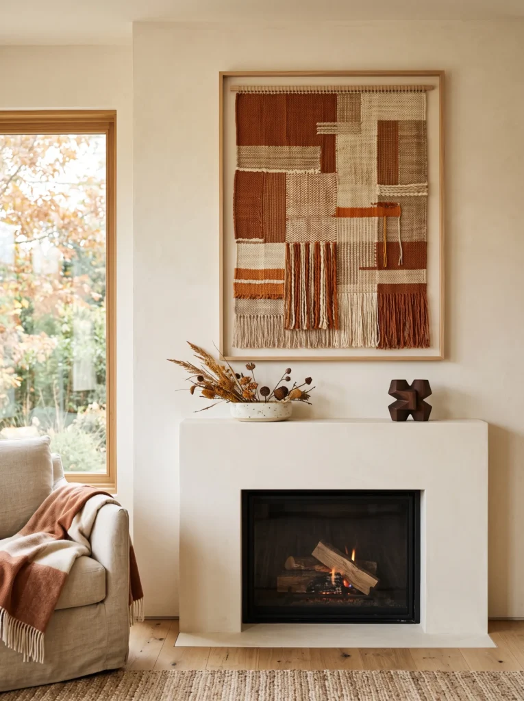 Oversized framed handwoven textile panel in cinnamon clay and oatmeal above an ivory mantel with stoneware and espresso accents.