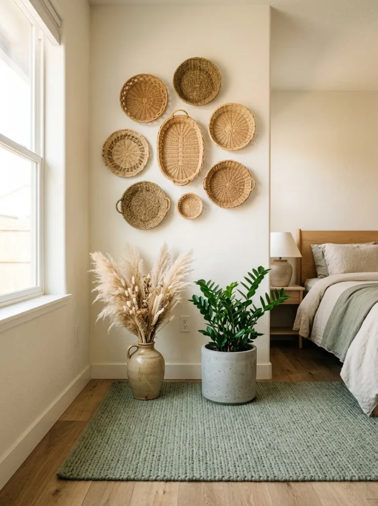 Sage rug with woven baskets, dried stems, and ZZ plant in a textured bedroom corner.