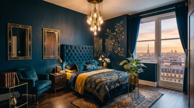 dark blue and gold bedroom