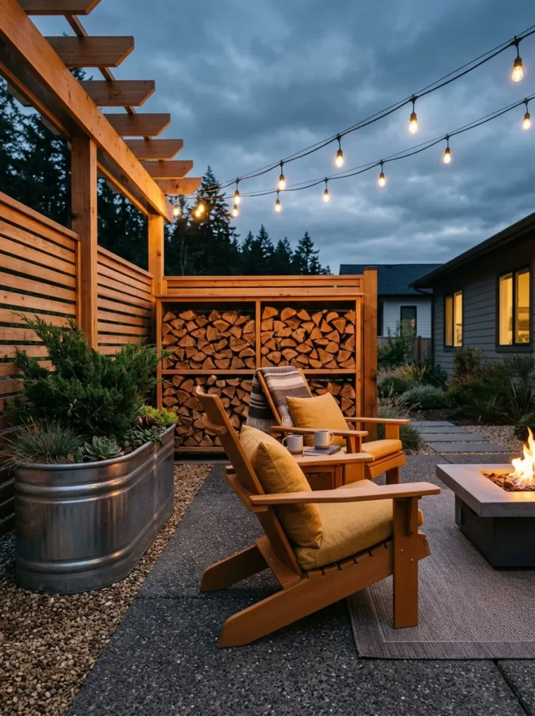 Amber poly-lumber Adirondack chairs beside a built-in cedar firewood rack and string lights
