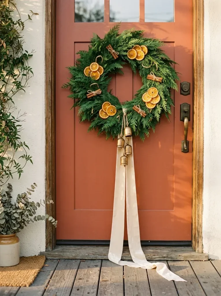 Cedar winter wreath with dried orange slices and cinnamon sticks on a terracotta front door.