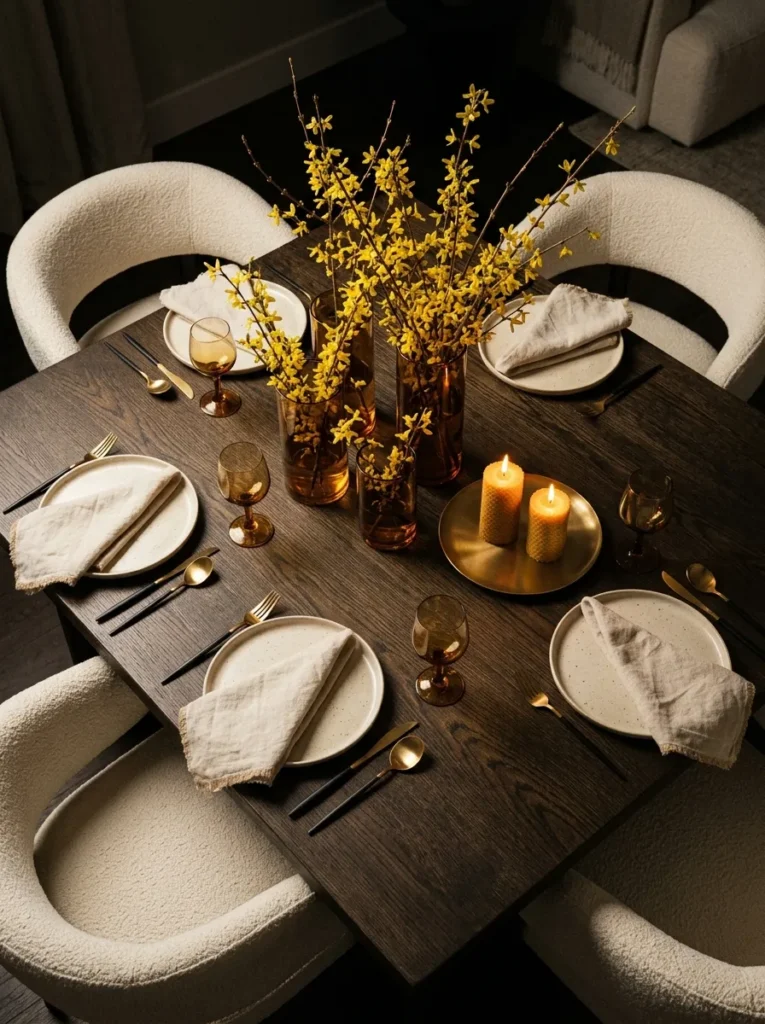 Amber glass cylinders of forced forsythia on a bare smoked-oak dining table