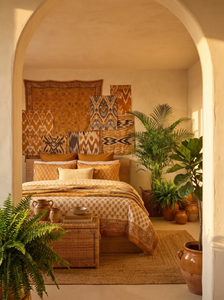 Cream bedroom with a fully layered amber and ikat textile headboard wall