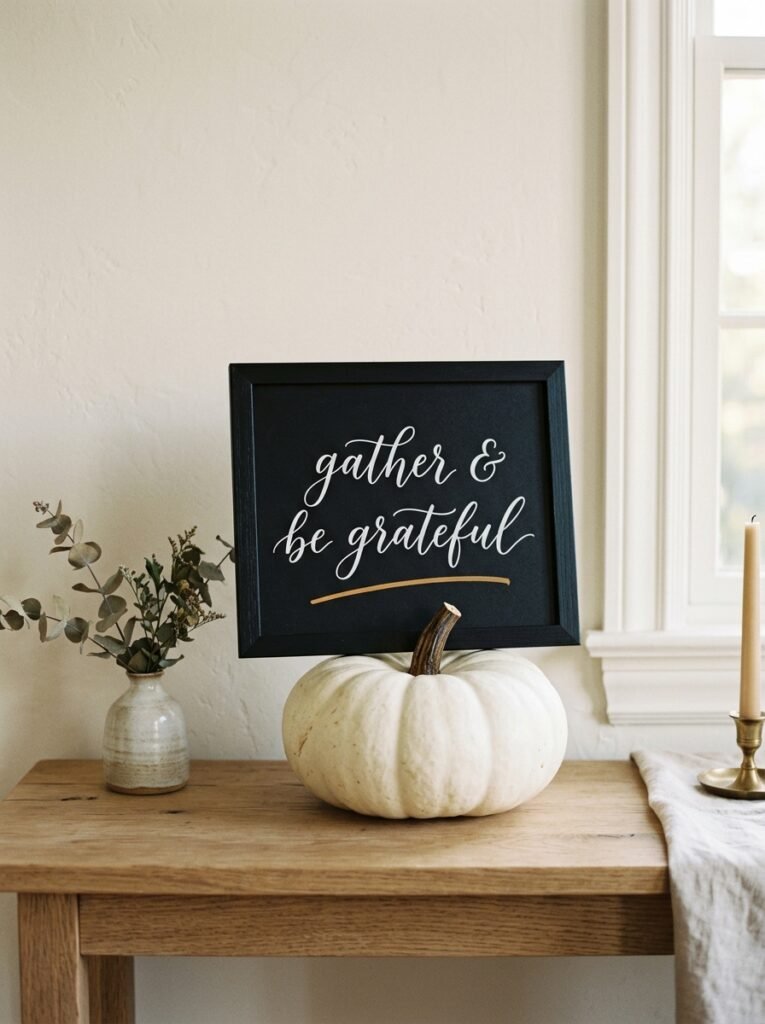 Small black-framed chalkboard with white cursive welcome script and an amber underline