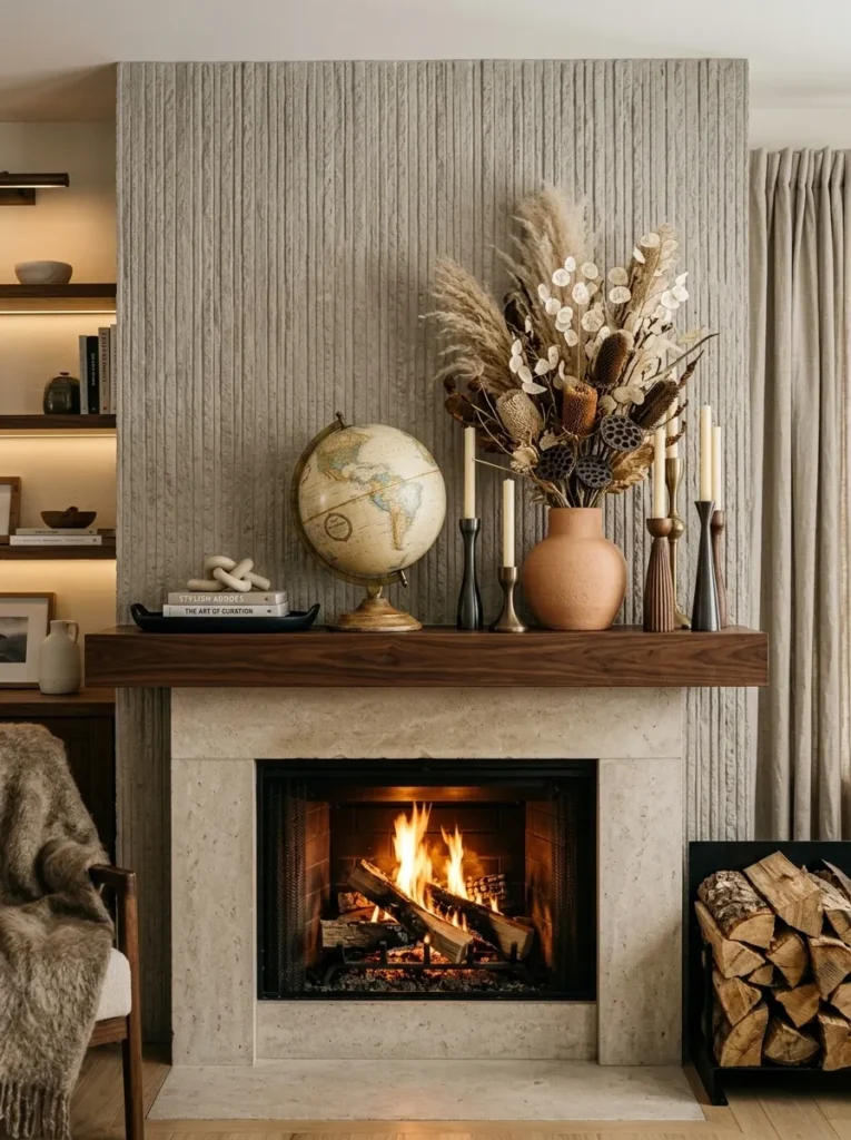 Vintage terrestrial globe centered on a mantel with a terracotta vase and walnut candlesticks