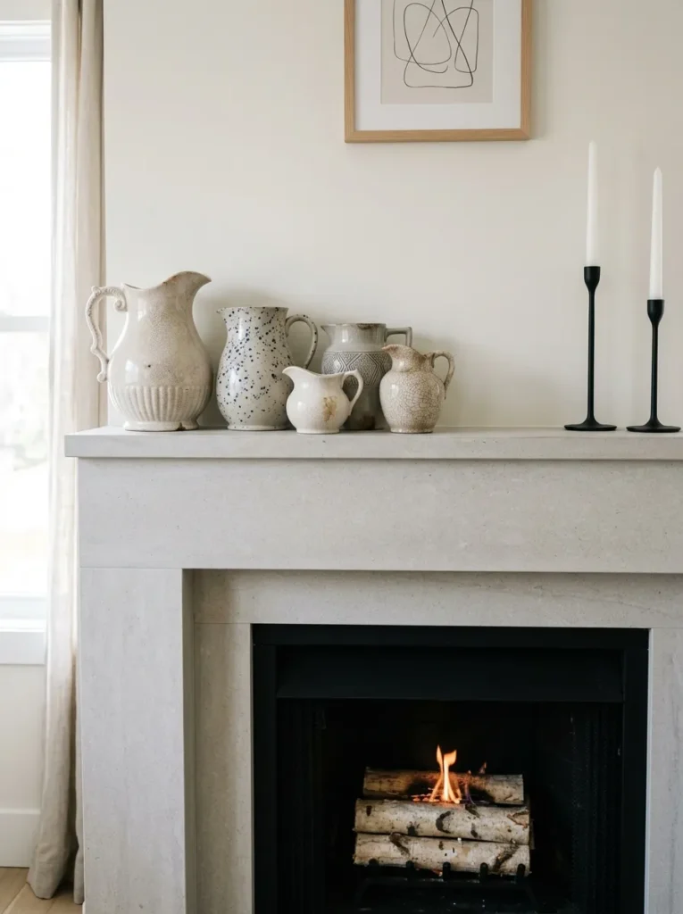 Cluster of mismatched antique ironstone pitchers on a mantel with black iron candle holders