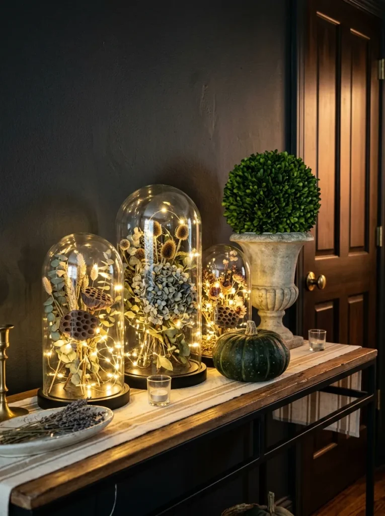 "Glass cloches over dried botanicals on a console table"