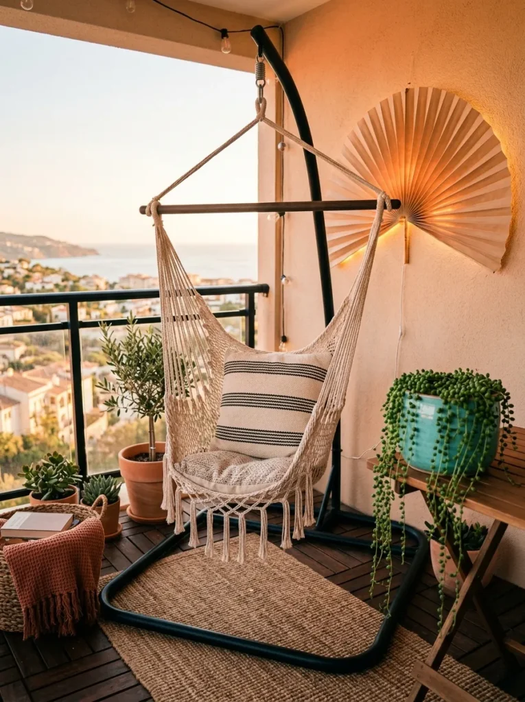 "Freestanding hammock swing chair on an aqua and coral balcony nook"