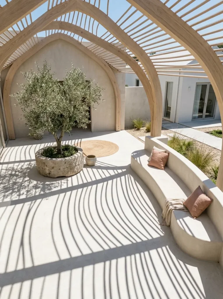 "Arched glulam oak pergola with curved plaster bench"