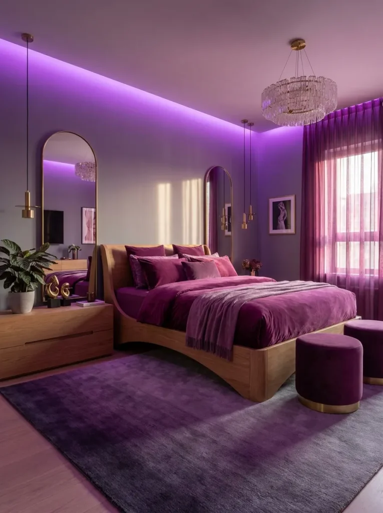 Ash-gray bedroom with amaranth velvet bedding and paired brass arched mirrors
