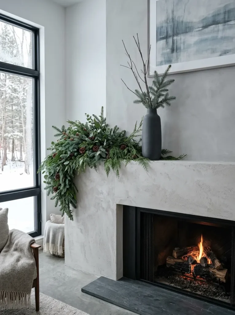 Loose blue spruce and cedar sweep piled on one end of a mantel with a tall charcoal vase