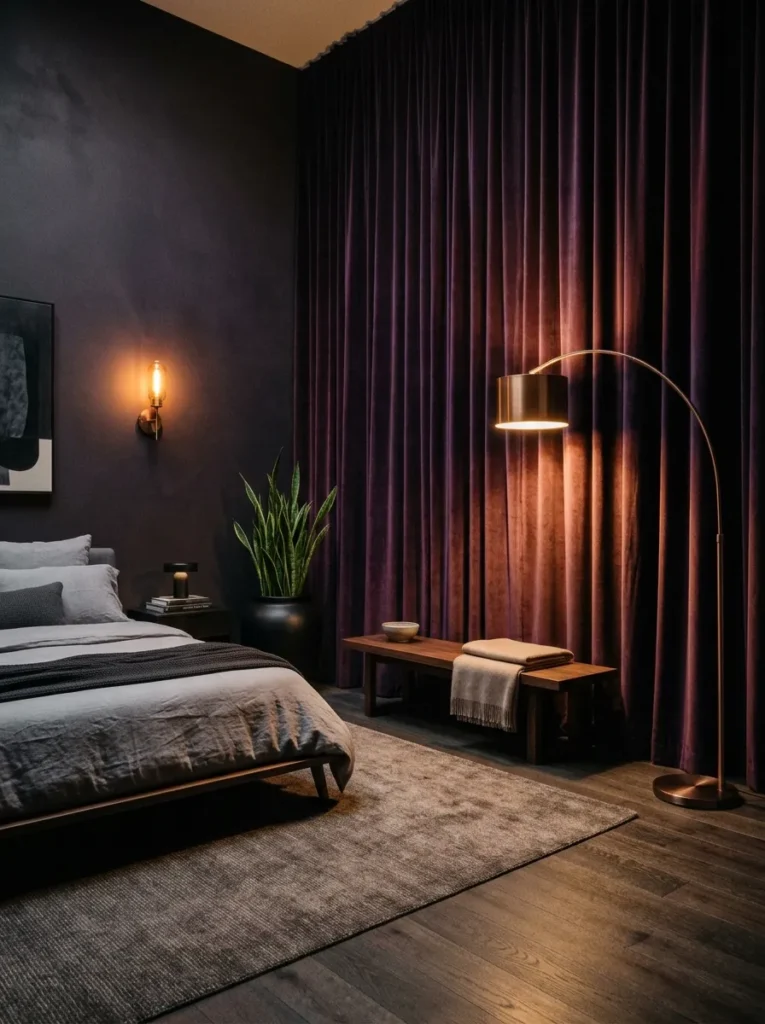 Floor-to-ceiling aubergine velvet drapes lit by a bronze arc lamp