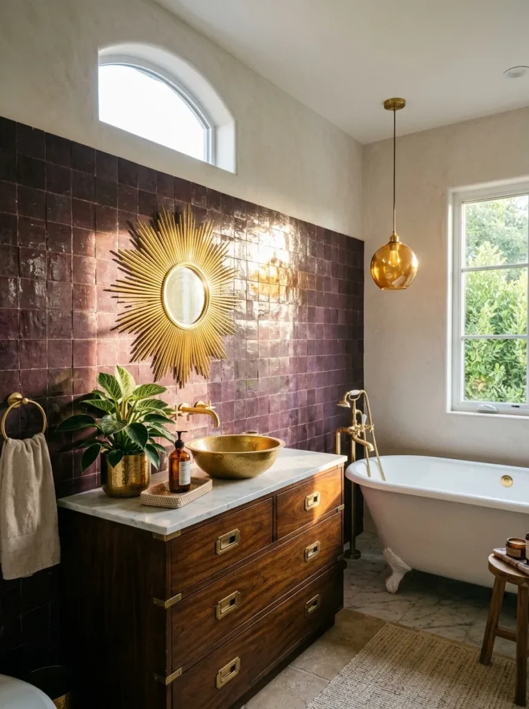 Hand-glazed aubergine zellige tile with a brass sunburst mirror above a campaign dresser vanity