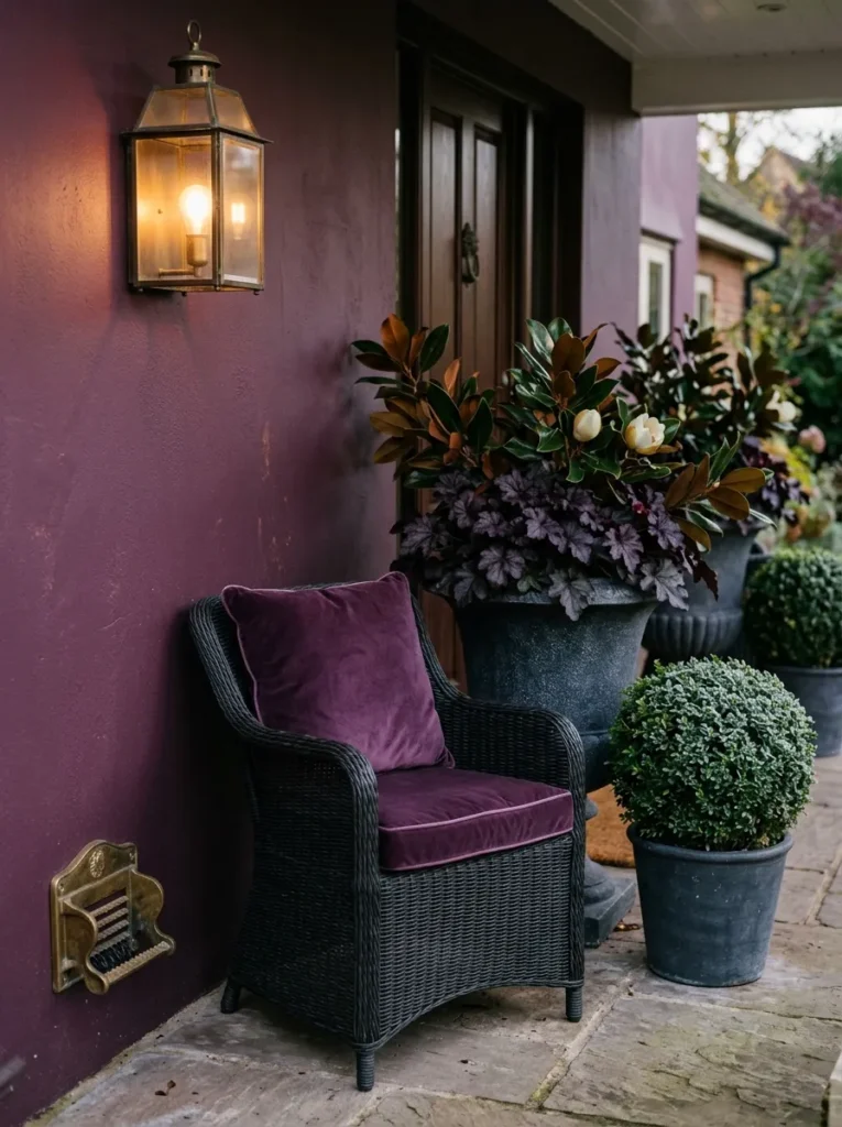 Aubergine velvet cushions on resin wicker beside a brass boot scraper and lantern