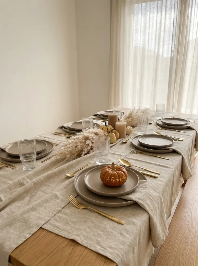 Oatmeal linen table with taupe stoneware plates and mini pumpkin place cards
