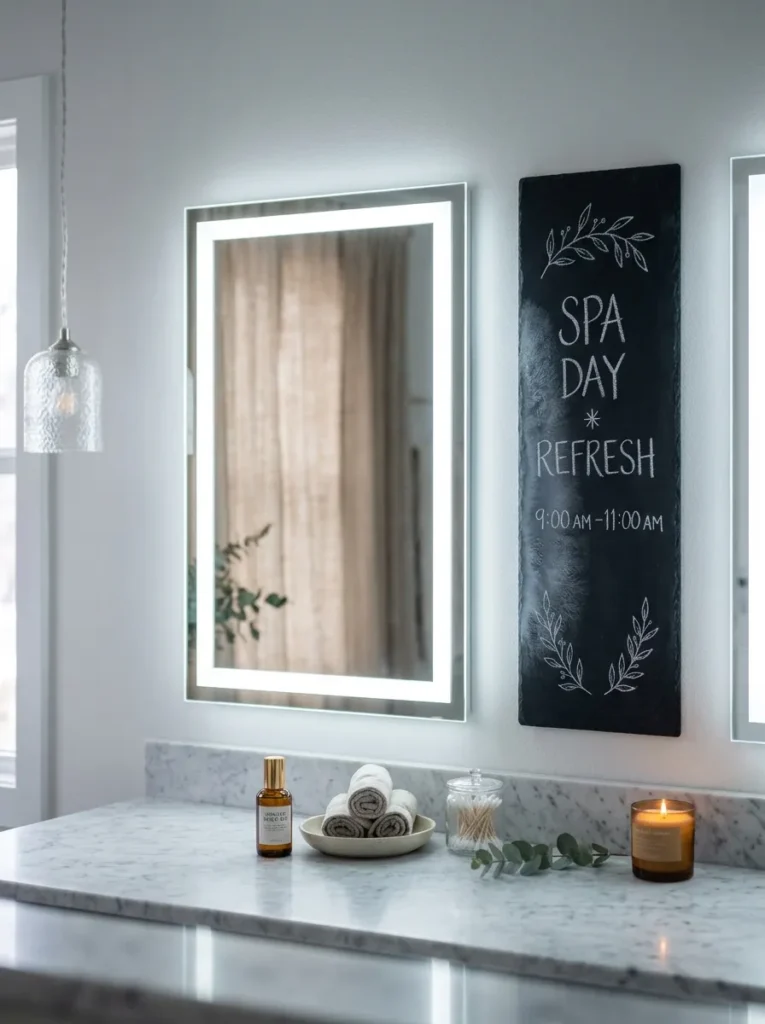 Narrow unframed chalkboard with cool-white frost strokes beside a backlit LED vanity mirror