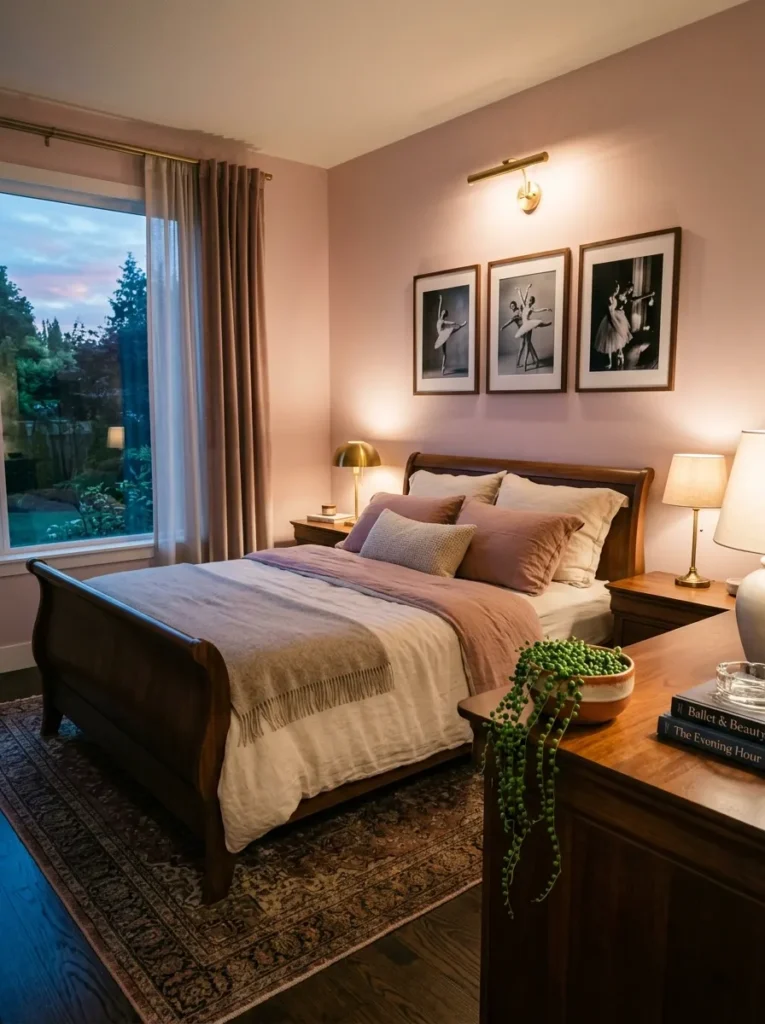 "Salon-style ballet photograph wall in a rosewater pink bedroom"