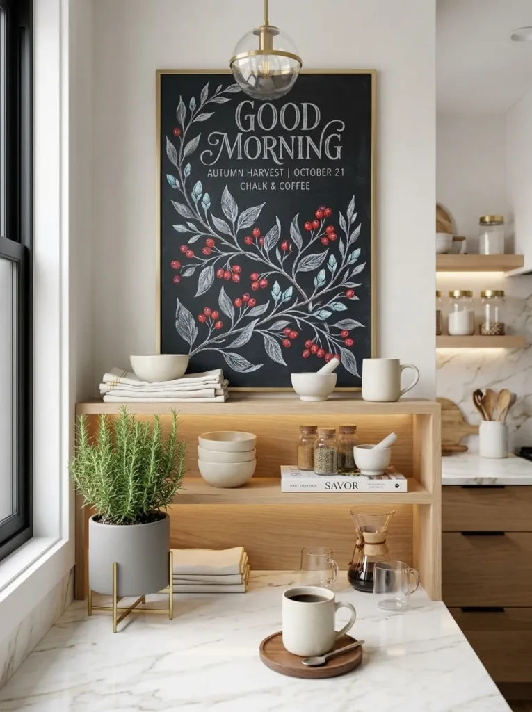 Unframed slate chalkboard with an icy-blue branch illustration above open kitchen shelving