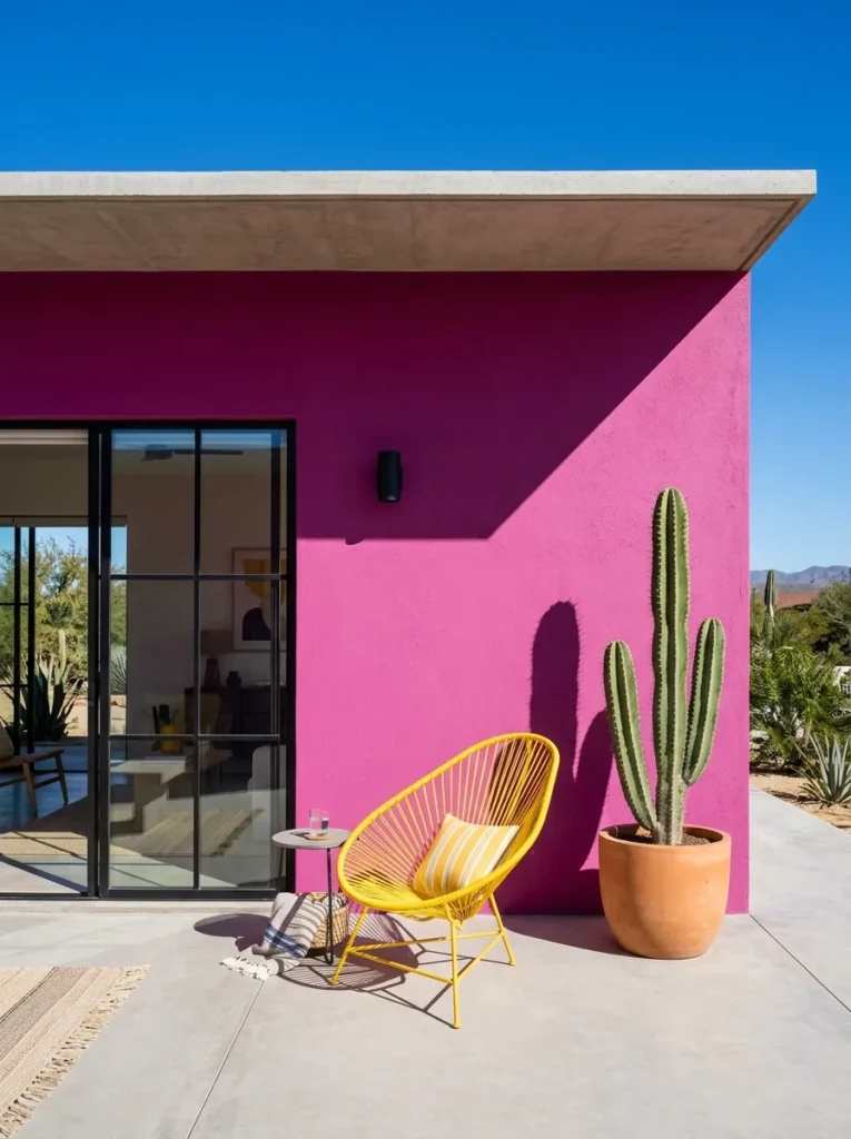  "Magenta pink stucco wall under cantilevered patio roof"