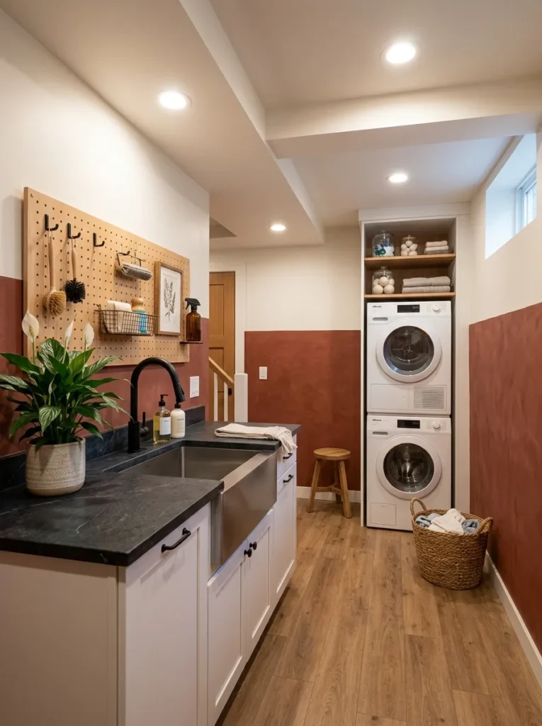 Basement laundry room with clay-red limewash walls and a soapstone counter