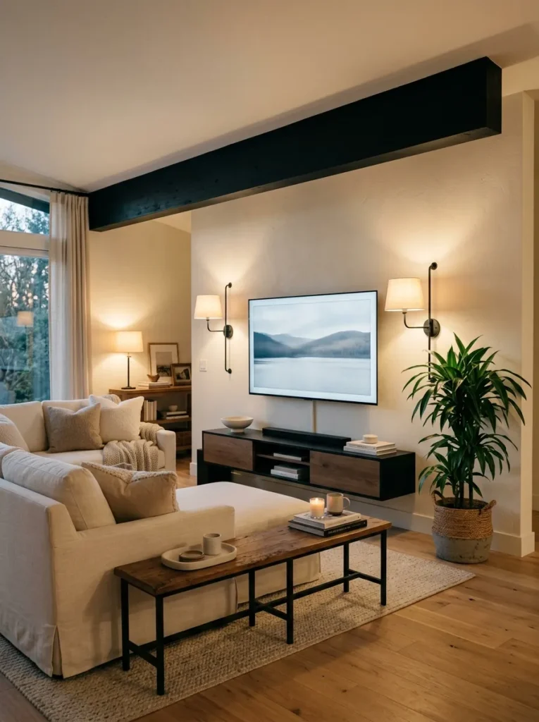  Black beam media wall in a cozy modern farmhouse living room