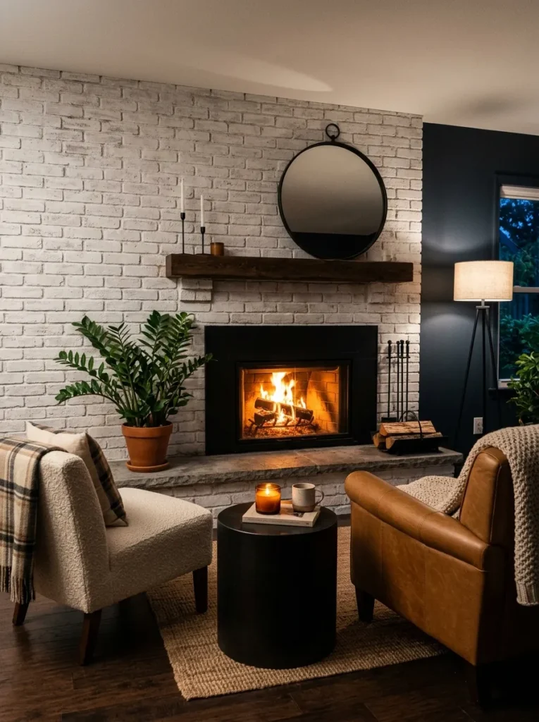 Black-painted firebox surround in a modern farmhouse living room fireplace