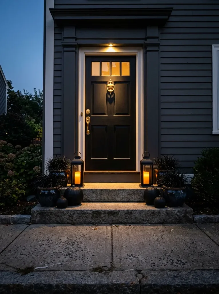 "Black front door with brass knocker and painted black pumpkins"