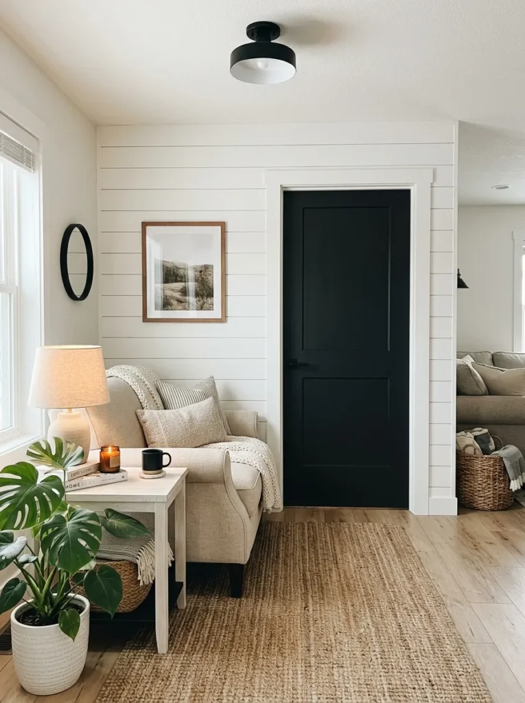  Black interior door accent in a modern farmhouse living room