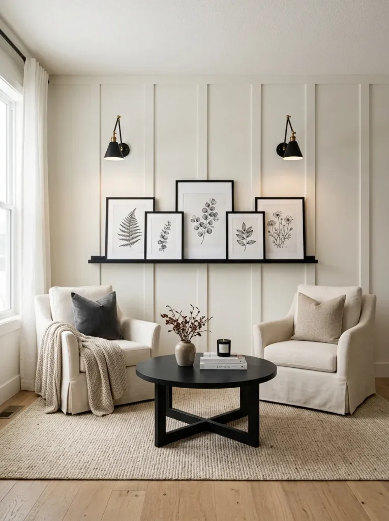 Black picture ledge gallery wall in a modern farmhouse living room