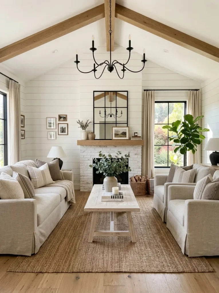  Modern farmhouse living room with black chandelier, white shiplap wall, and fiddle-leaf fig