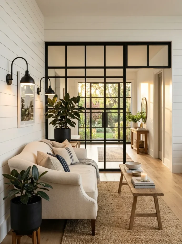 Modern farmhouse living room with black steel interior window grid and camelback sofa
