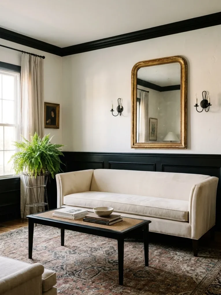 wainscoting accent wall in a modern farmhouse living room