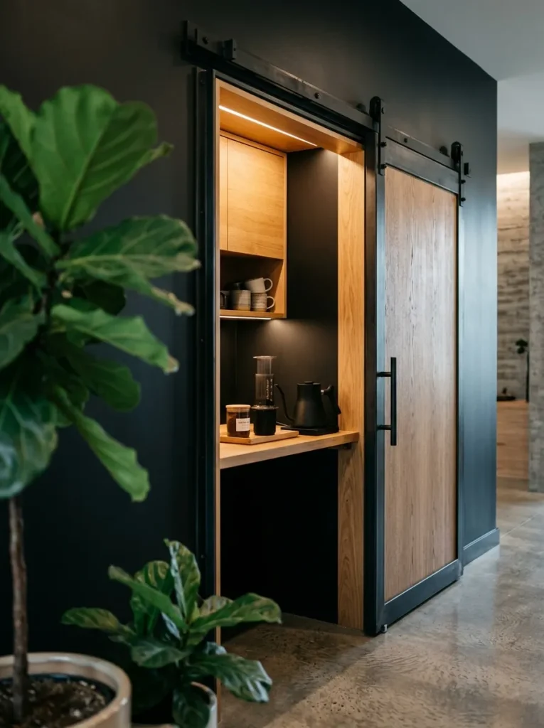 Blackened steel barn door armoire half-open revealing a rift oak coffee station inside