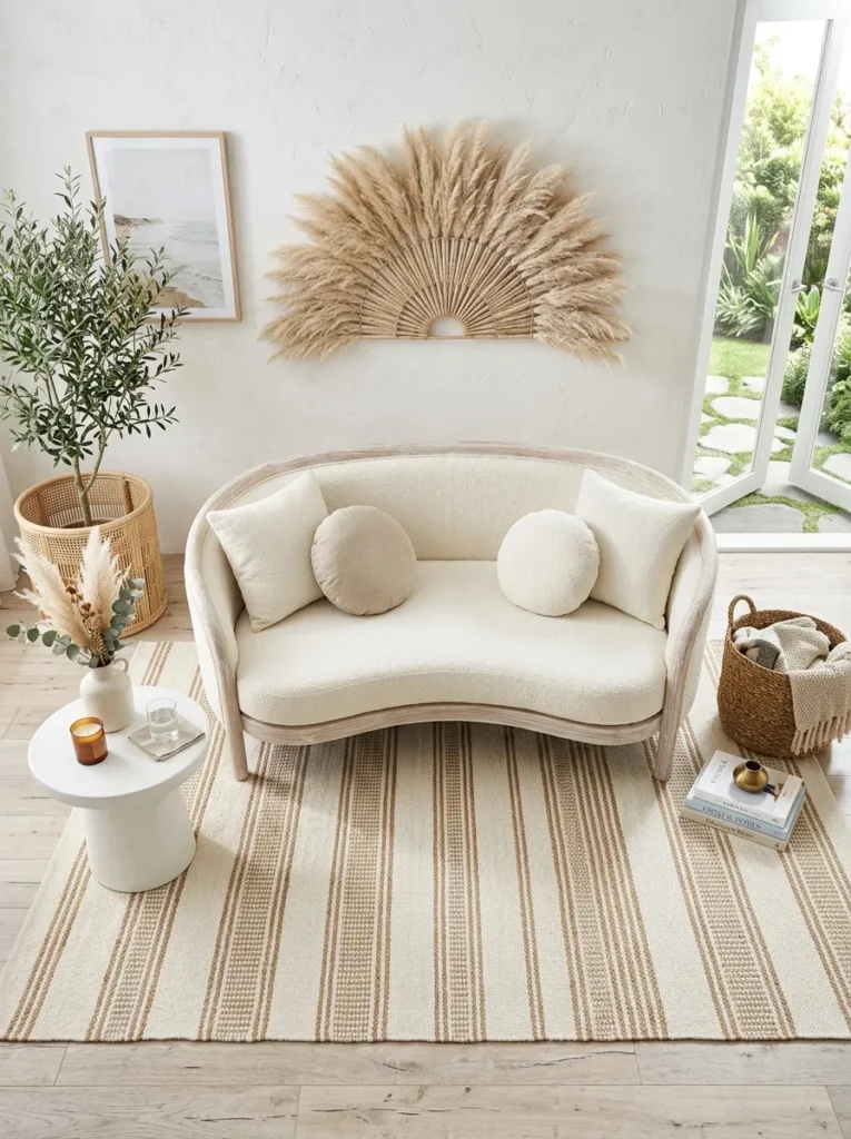 "Curved whitewashed teak loveseat on a coastal boho patio"