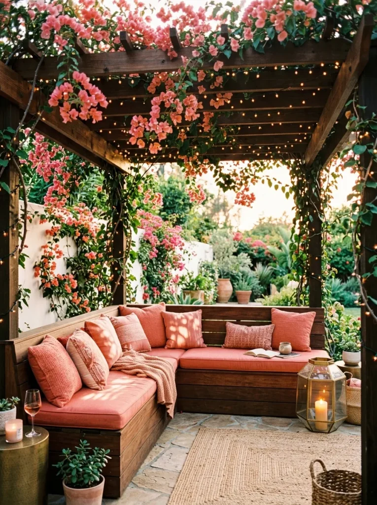 "Bougainvillea-covered pergola with built-in bench seating"